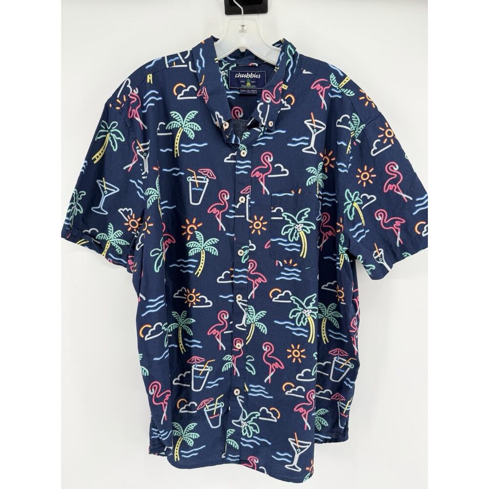 Chubbies The Neon Lights Button Up Shirt Mens XXL Blue Flamingo Palm Tropical